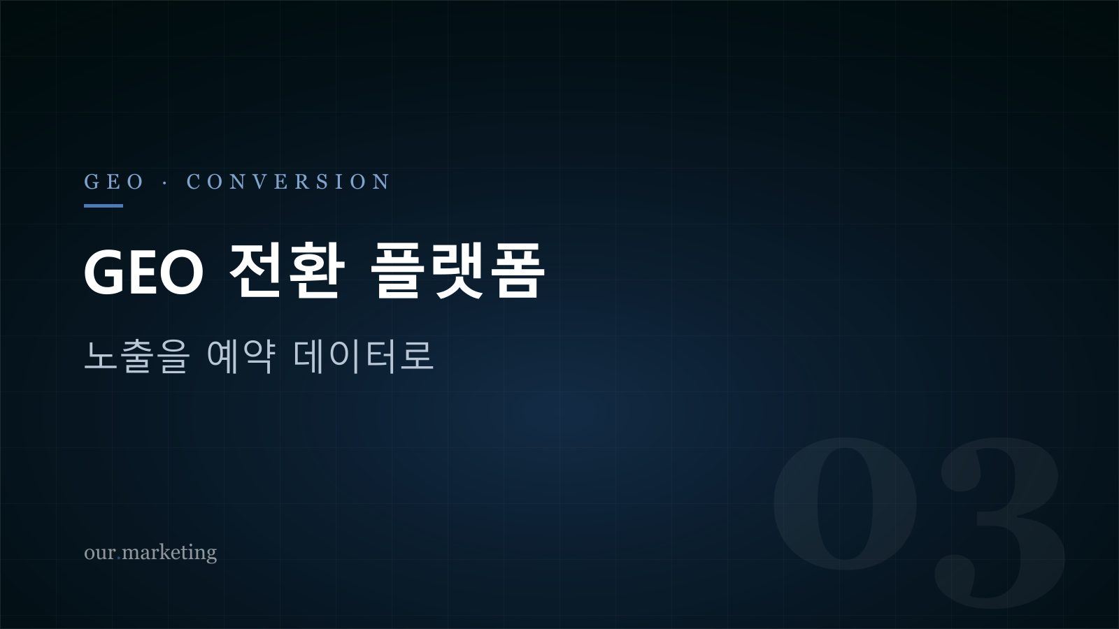 GEO 전환 플랫폼 — 노출을 예약 데이터로